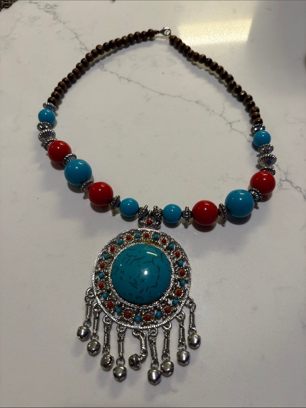 Turquoise & Red Beaded Statement Pendant Necklace - Picture 5 of 5